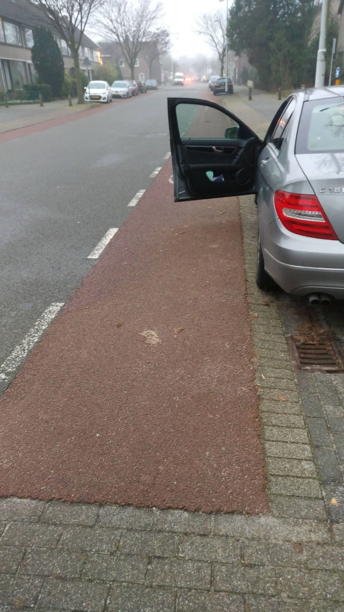 Vehicle parked with opened doors next to a bicycle lane